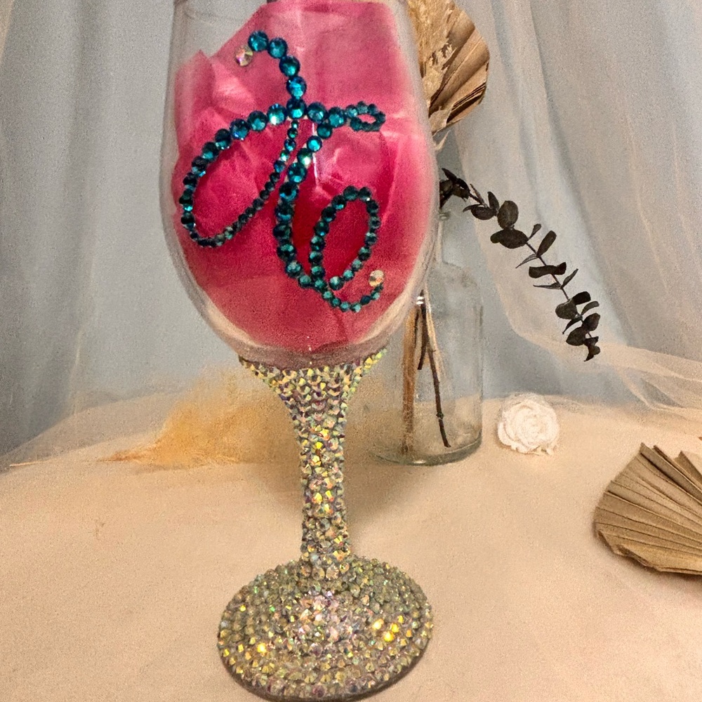2 for $10 Rhinestone Embellished Wine Glass with Teal Accents